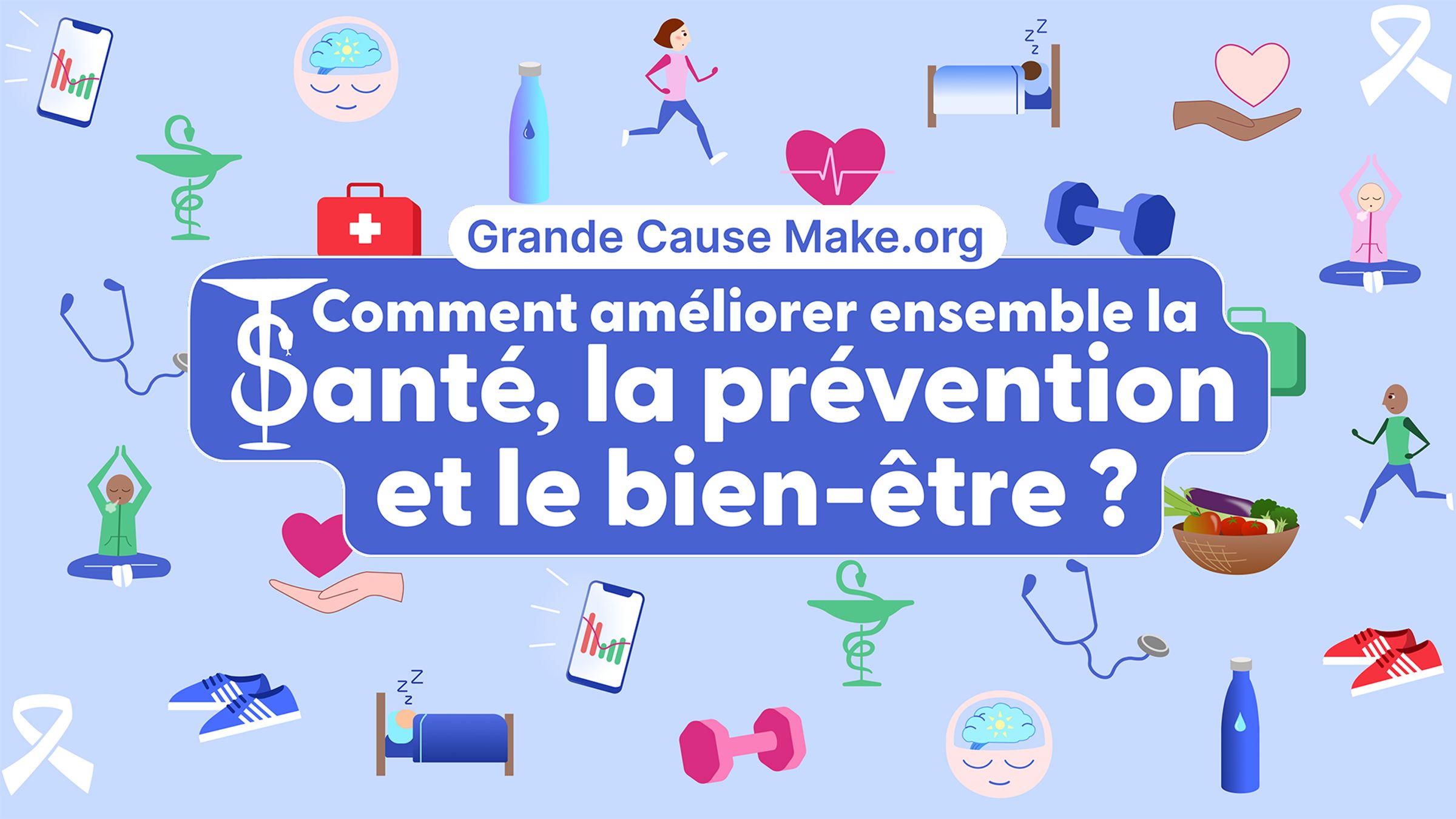 Une image de fond bleu clair, agrémentée de pictogrammes évocateurs de l'univers de la santé, avec en premier plan le texte de la question posée par la consultation citoyenne.