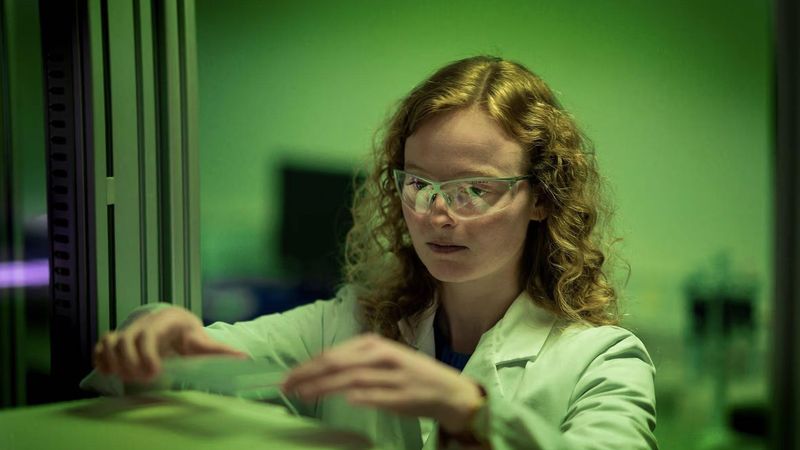 Camille De Craene, scientifique chez Sanofi, en train de faire une manipulation en laboratoire avec des lunettes de protection.