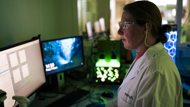 Nadia, chercheuse Sanofi, vêtue d'une blouse de laboratoire, regarde un écran d'ordinateur, entourée d'une lumière verte